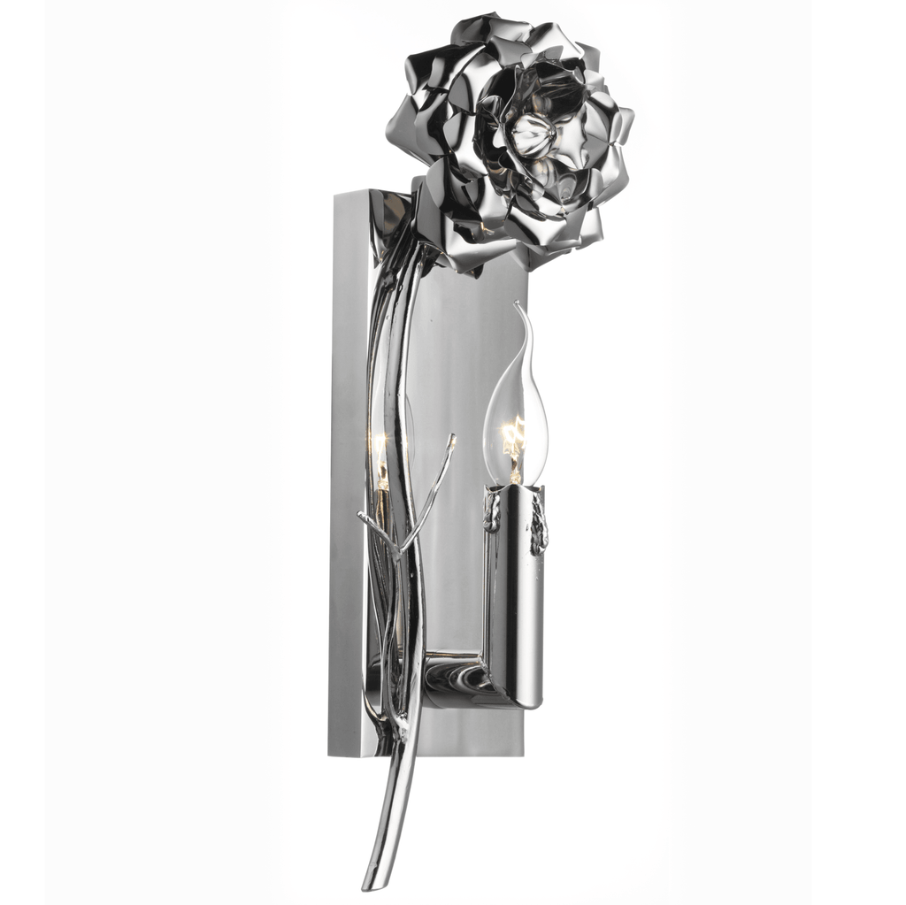 Chrome-finished wall lamp with metallic rose accent and candle-style light bulb