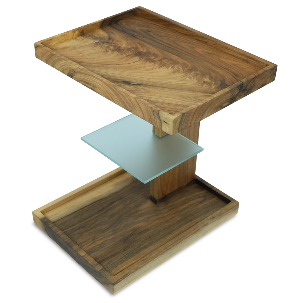 Lucera Walnut Side Table with multi-tiered design and glass shelf in walnut wood