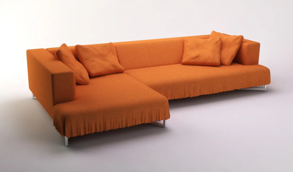 Orange Lush Modern Sofa with ruffled skirt, stylish modern sofa for living rooms