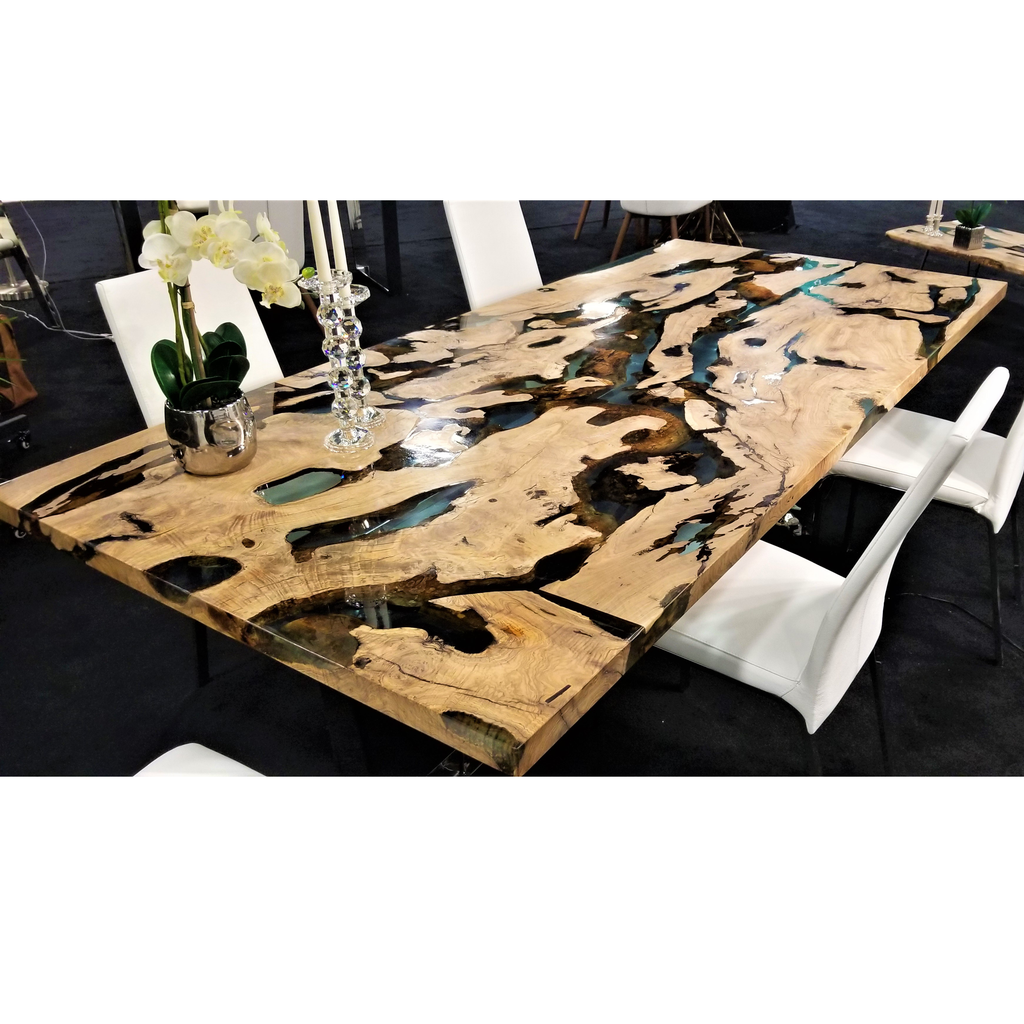Luxury Olive Wood Dining Table with live-edge resin surface for elegant dining spaces