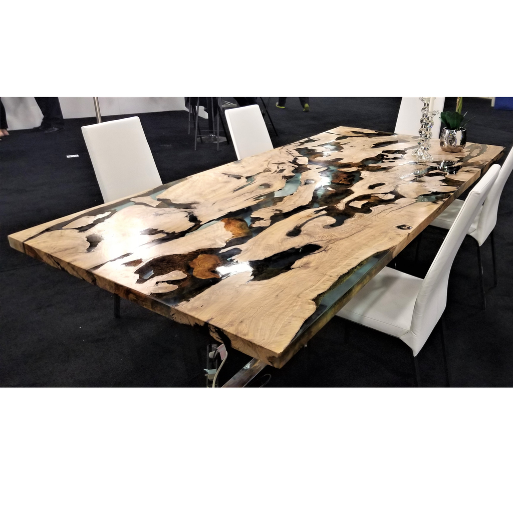 Luxury Olive Wood Dining Table with live-edge wood and resin, six white chairs