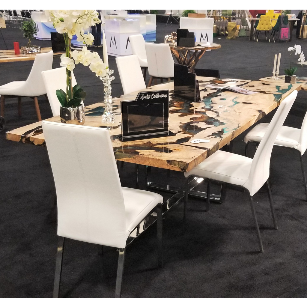 Luxury Olive Wood Dining Table with live-edge wood and resin, white upholstered chairs