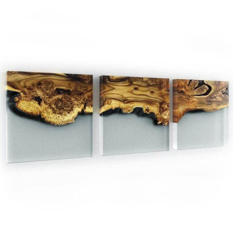 Luxury Silverberry Wood Wall Unit with three natural live edge resin wall art pieces