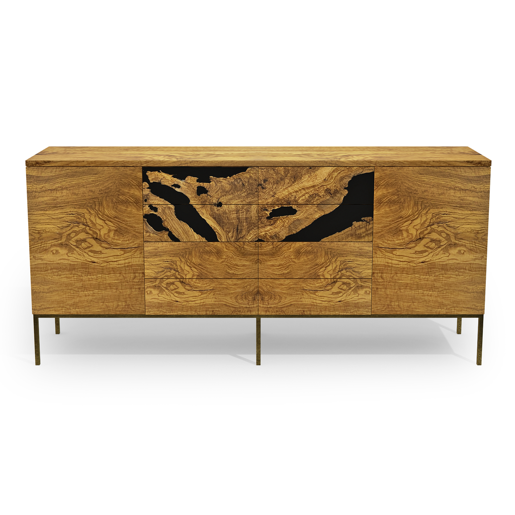 Lykomedes Olive Wood Credenza with live-edge design and black resin inlay on drawers
