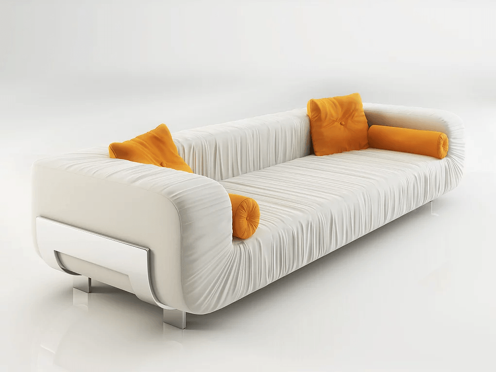 Madera Modern Sofa with white pleated fabric and orange throw pillows for stylish living rooms
