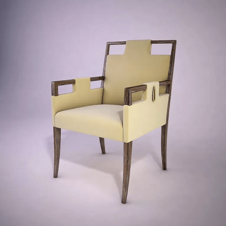 Light yellow upholstered Marciano Chair with dark wooden frame and cut-out armrests