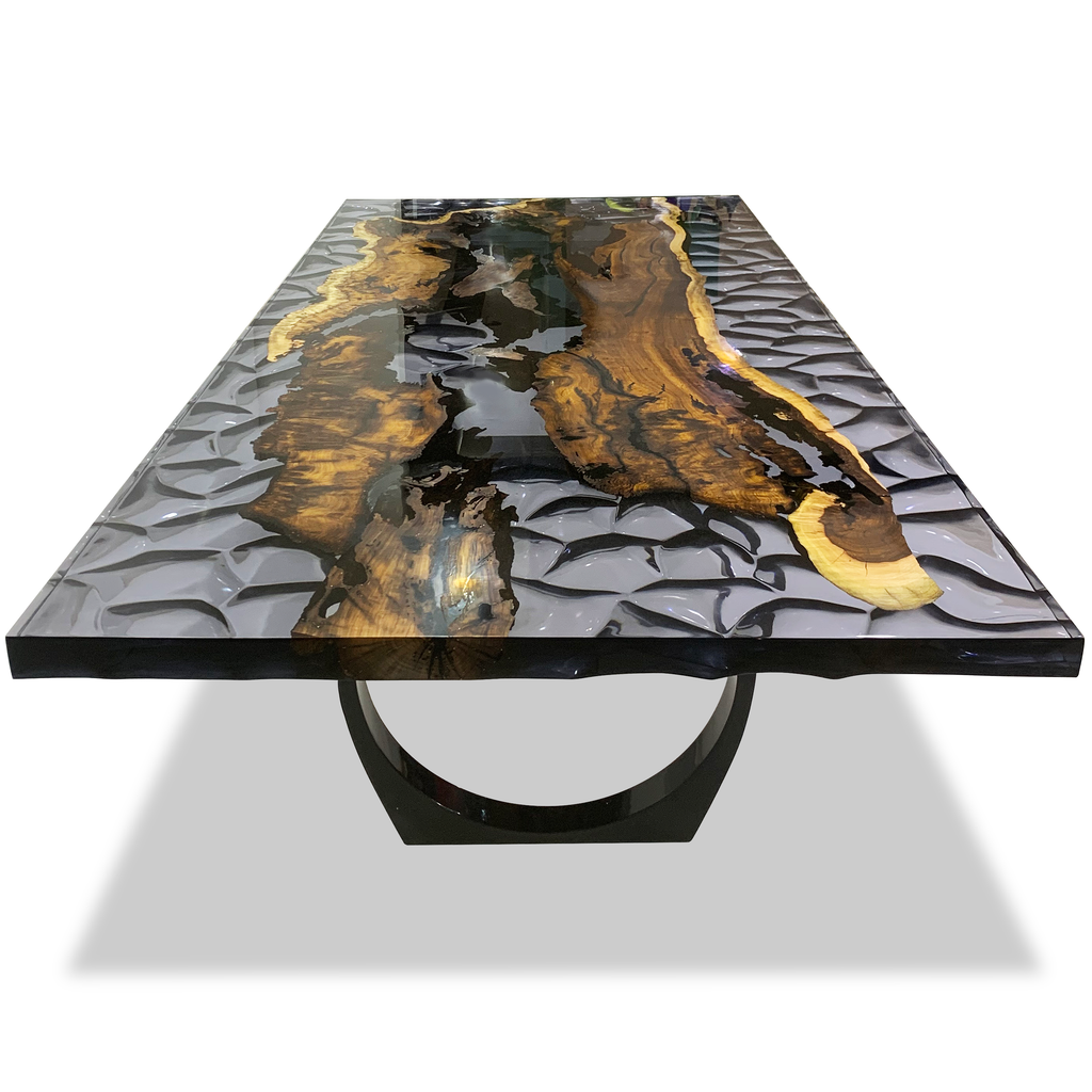 Marpessa Hackberry Wood Dining Table with live-edge design and textured grey resin surface