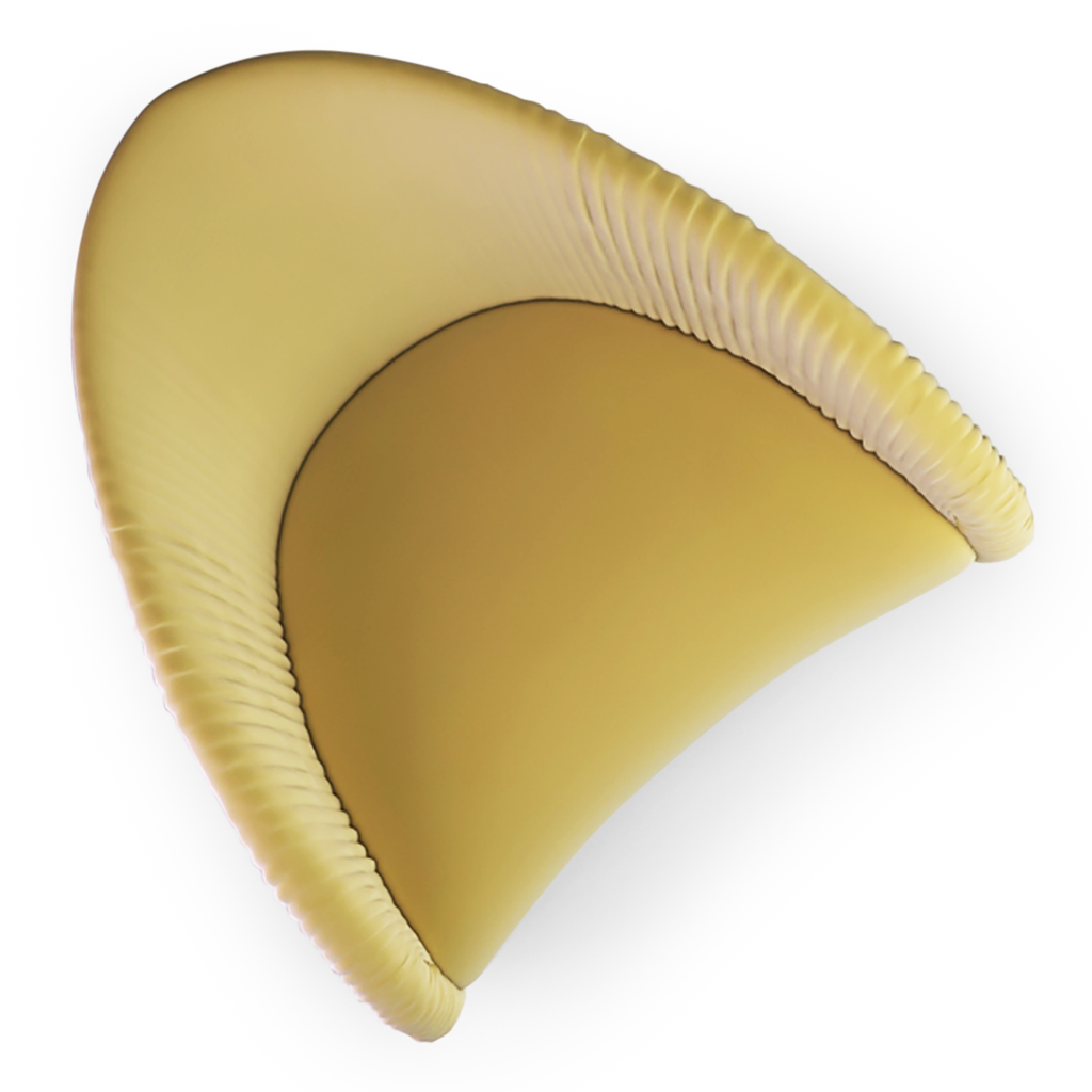Mustard yellow Marylin Chair with crescent shape and ribbed outer back for stylish comfort