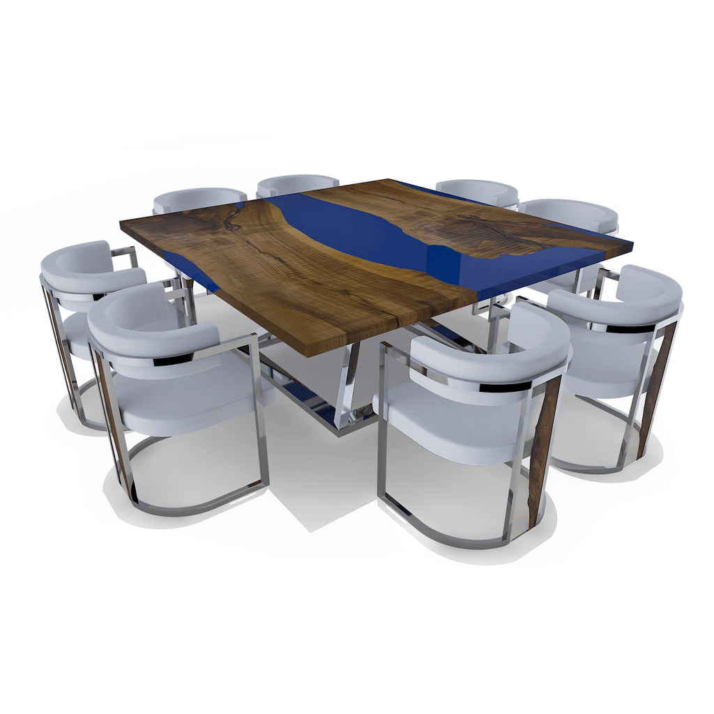Modern dining table with white Matera dining chairs and wooden blue resin top