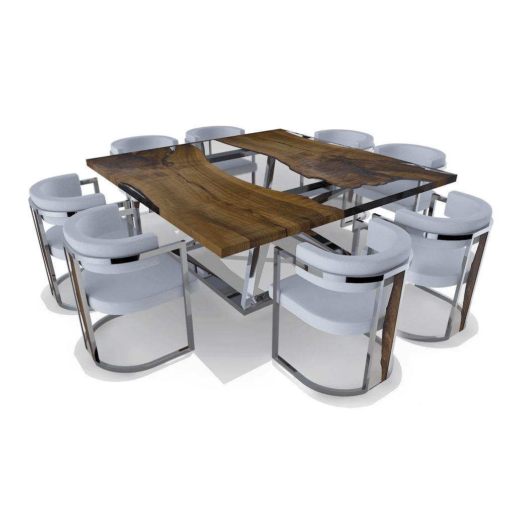 White Matera dining chair around modern dining table with live-edge wood top