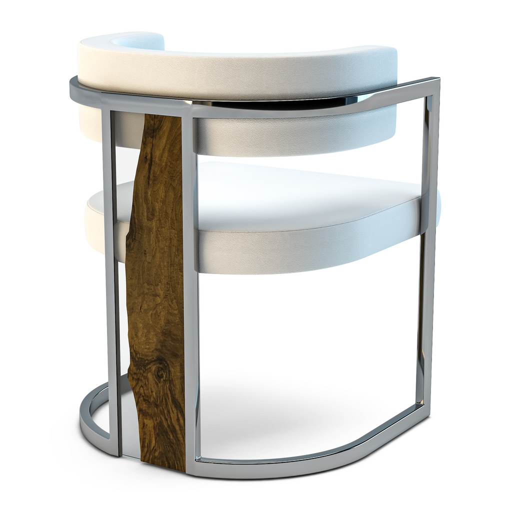 White Matera Dining Chair with white upholstery, polished metal frame, and wooden accent