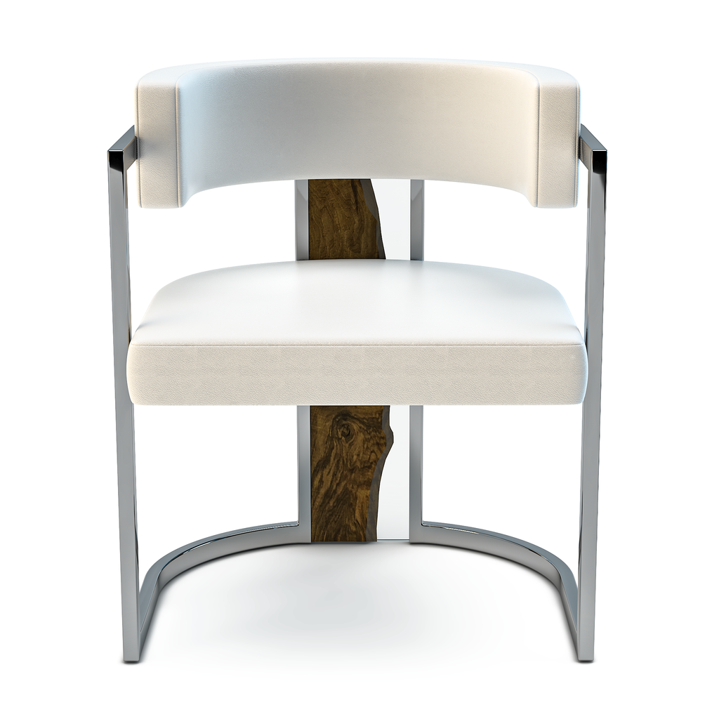 White Matera Dining Chair with white upholstery, chrome frame, and wooden back support
