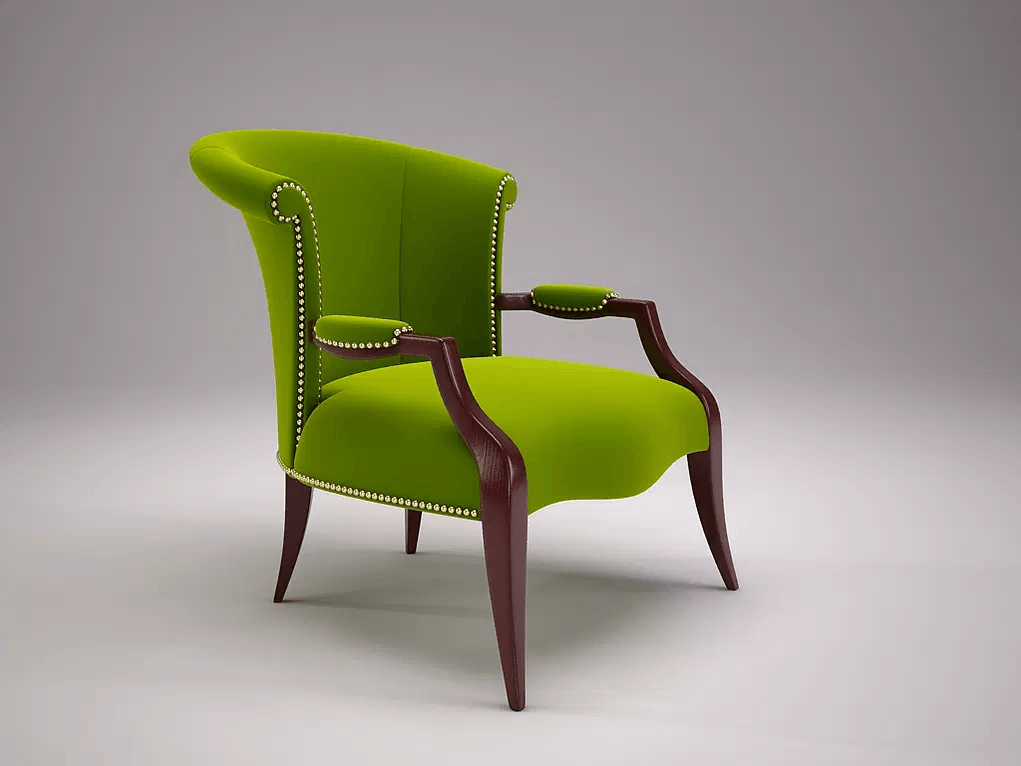 Vibrant lime-green velvet Melrose Chair with dark wood arms and brass nailhead trim