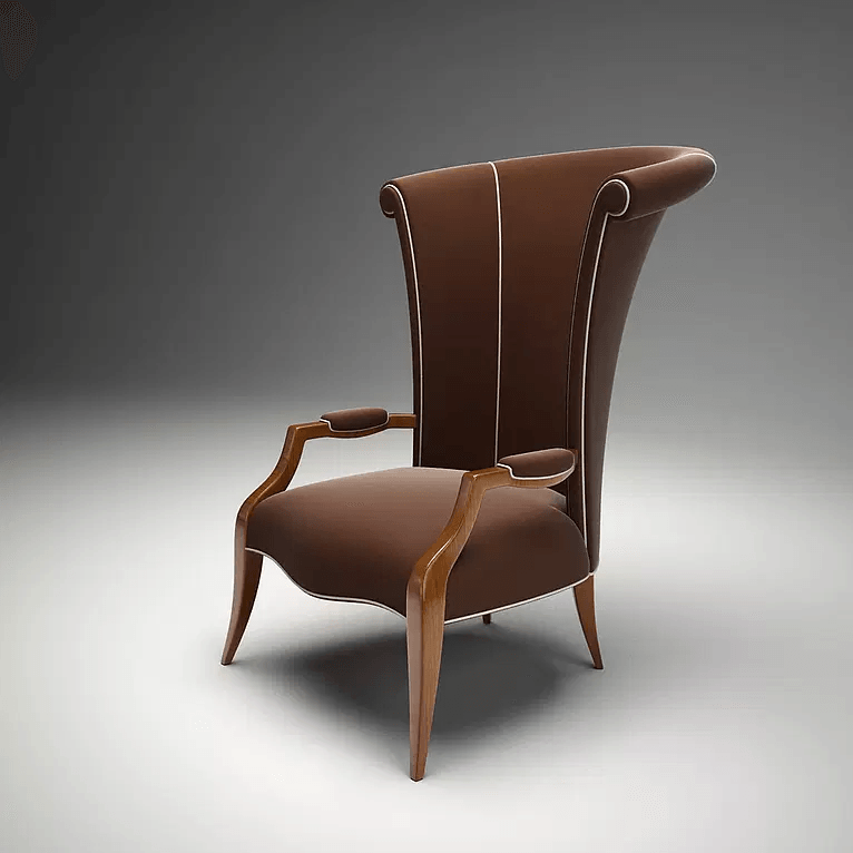 Melrose High Chair: Brown upholstered armchair with curved wooden arms and white piping