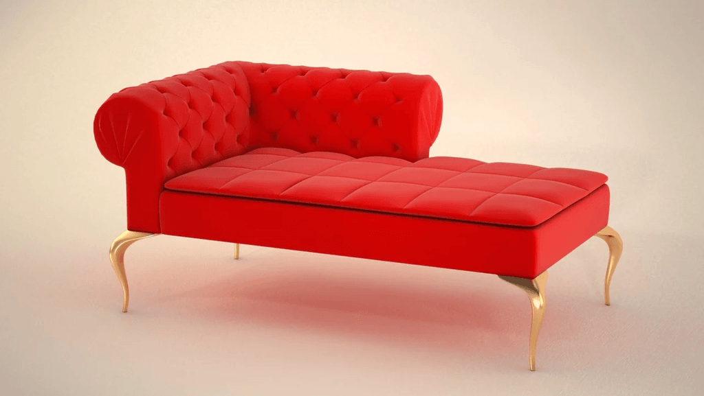 Red velvet Menton Modern Chaise with tufted back and gold cabriole legs