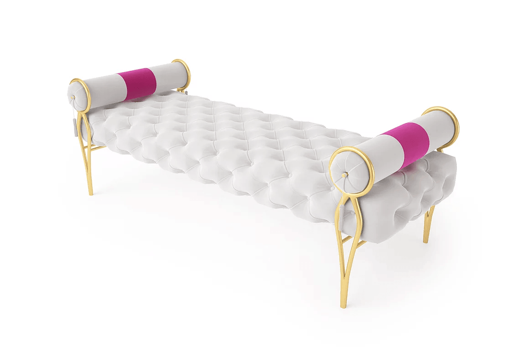 Merced Bench white tufted bench with gold legs and hot pink stripe bolster pillows