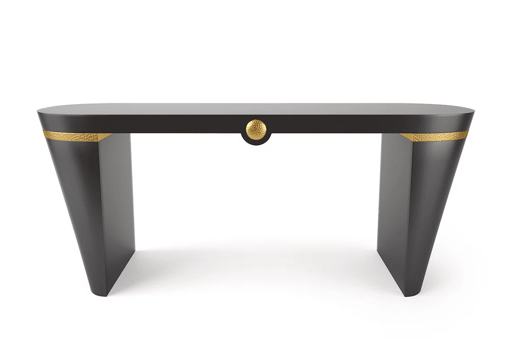 Black Sedona Console with gold accents and decorative gold knob for elegant decor