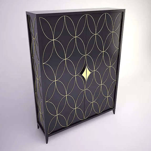 Milan Fashion Cabinet with black finish, gold circular patterns, and diamond handle