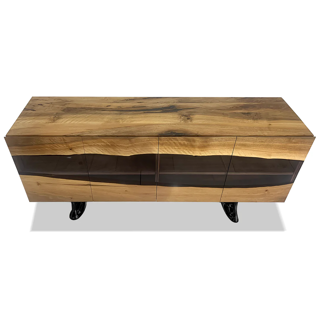 Pheraea Walnut Wood Credenza with modern wooden sideboard, dark resin inlay, black legs