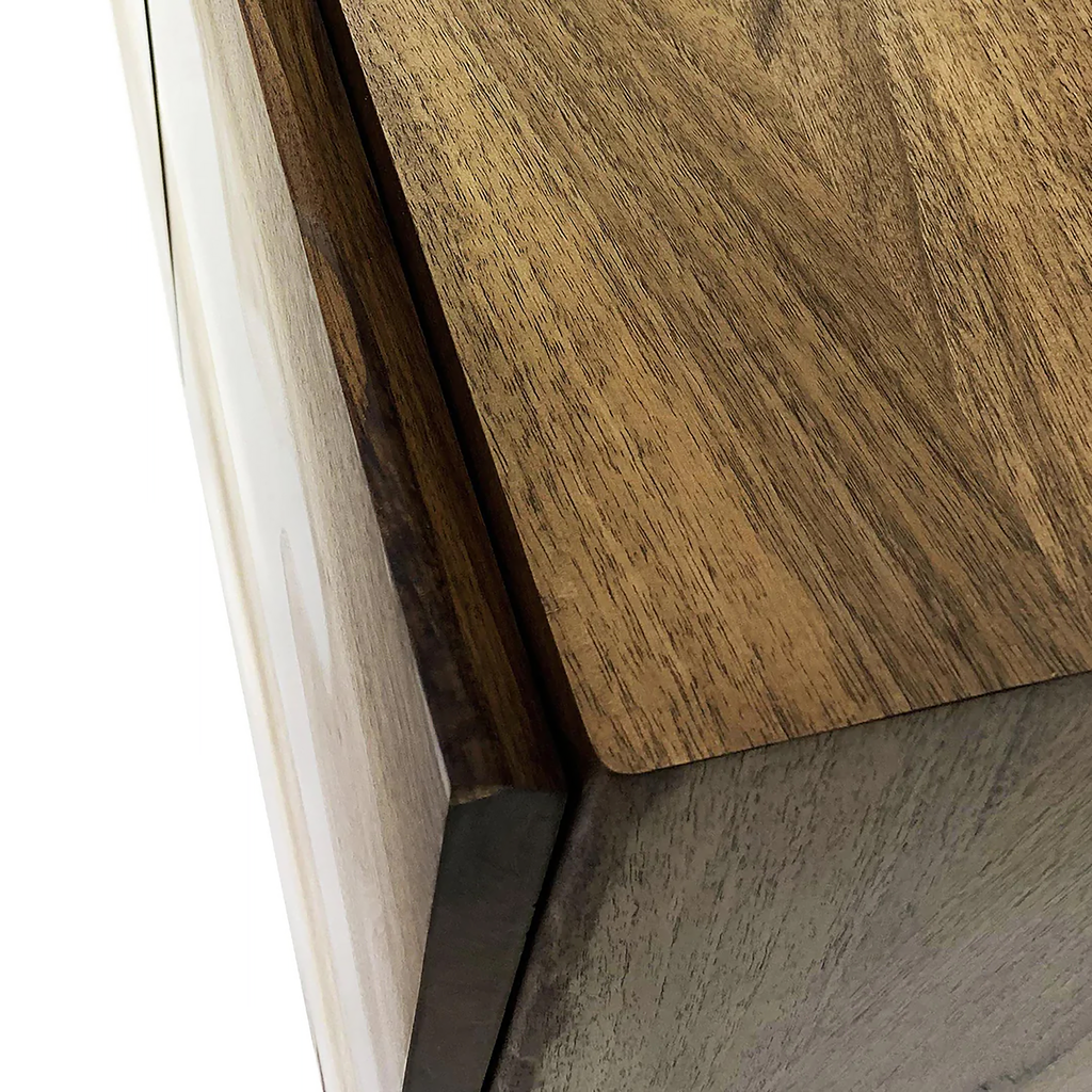 Corner of Pheraea Walnut Wood Credenza with natural grain finish and dark metal edge