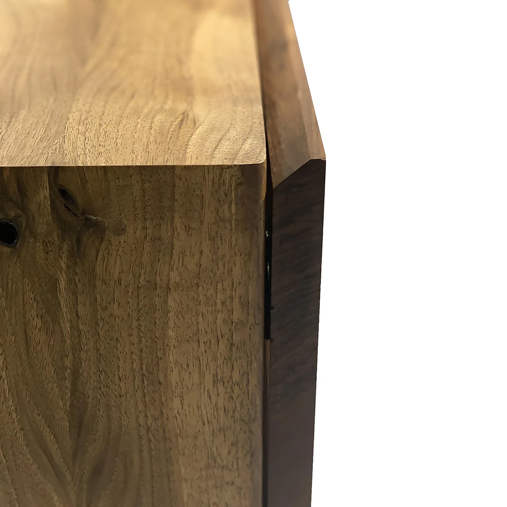 Light brown walnut wood credenza with dark metal trim in Pheraea Walnut Wood collection