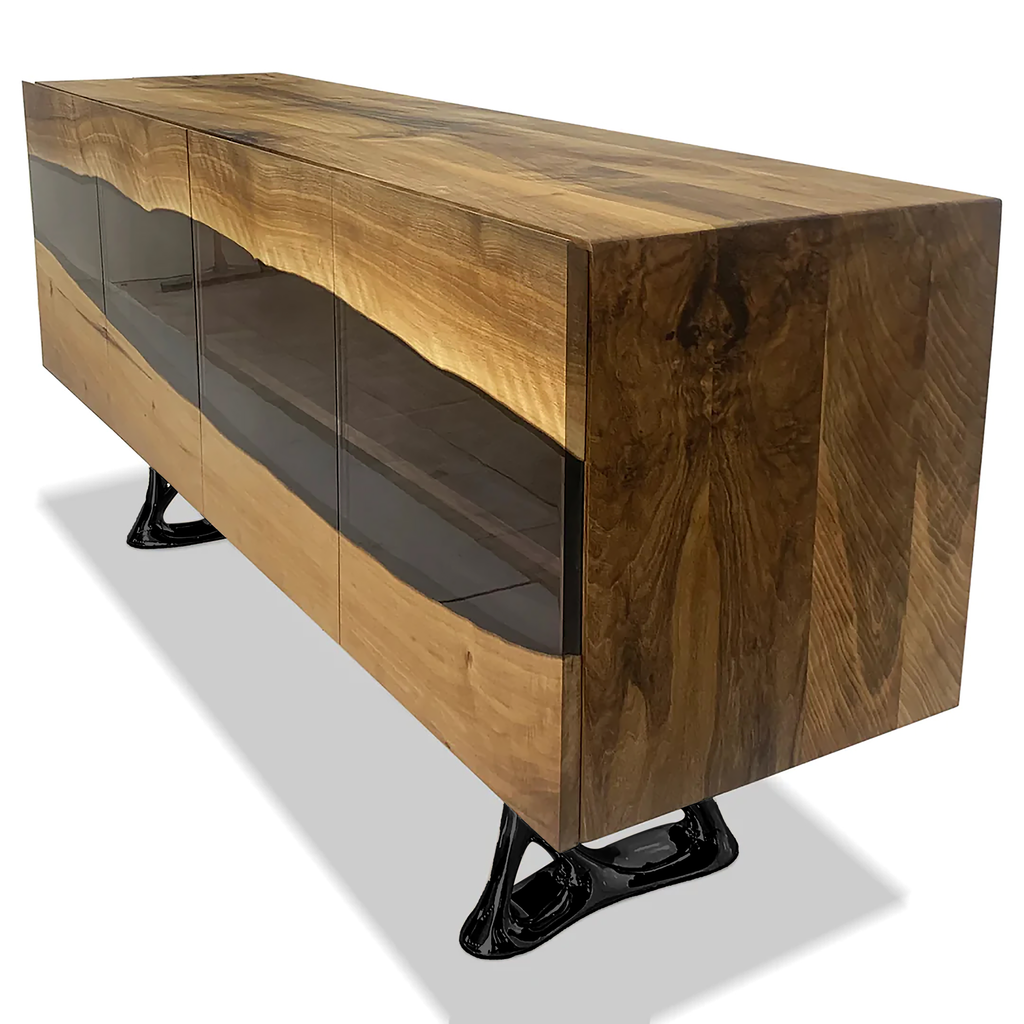 Pheraea Walnut Wood Credenza with live-edge walnut wood and black metal legs