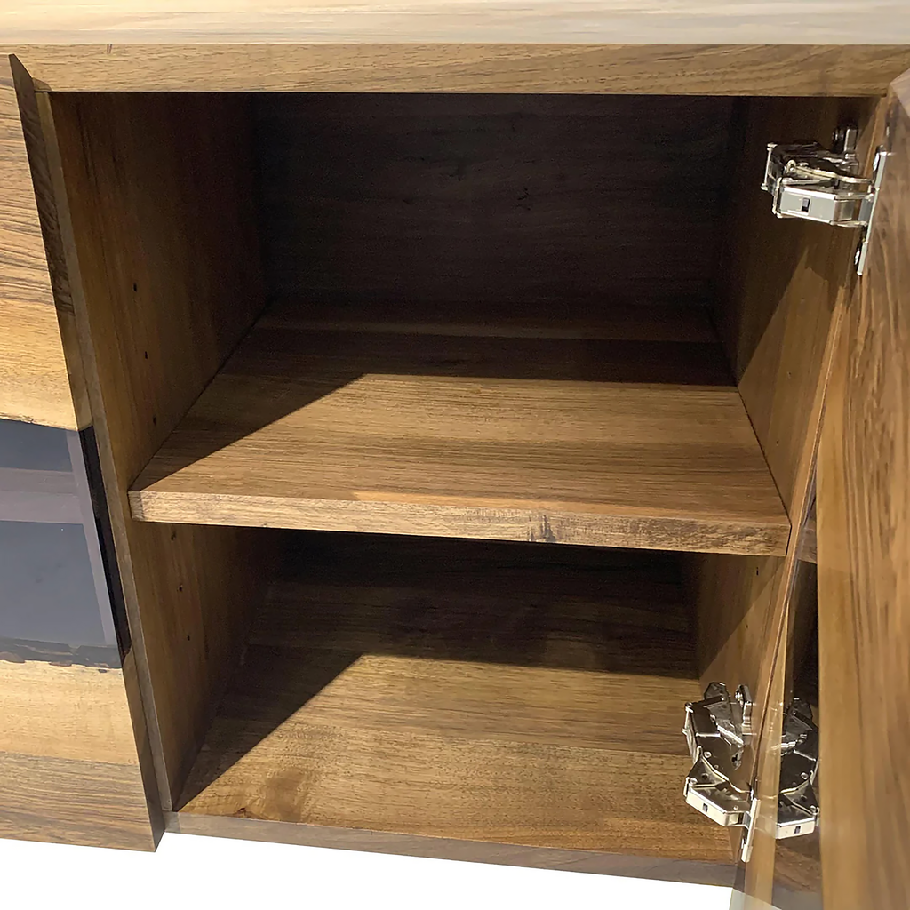Open walnut wood Pheraea Walnut Wood Credenza with two shelves and a partially visible door