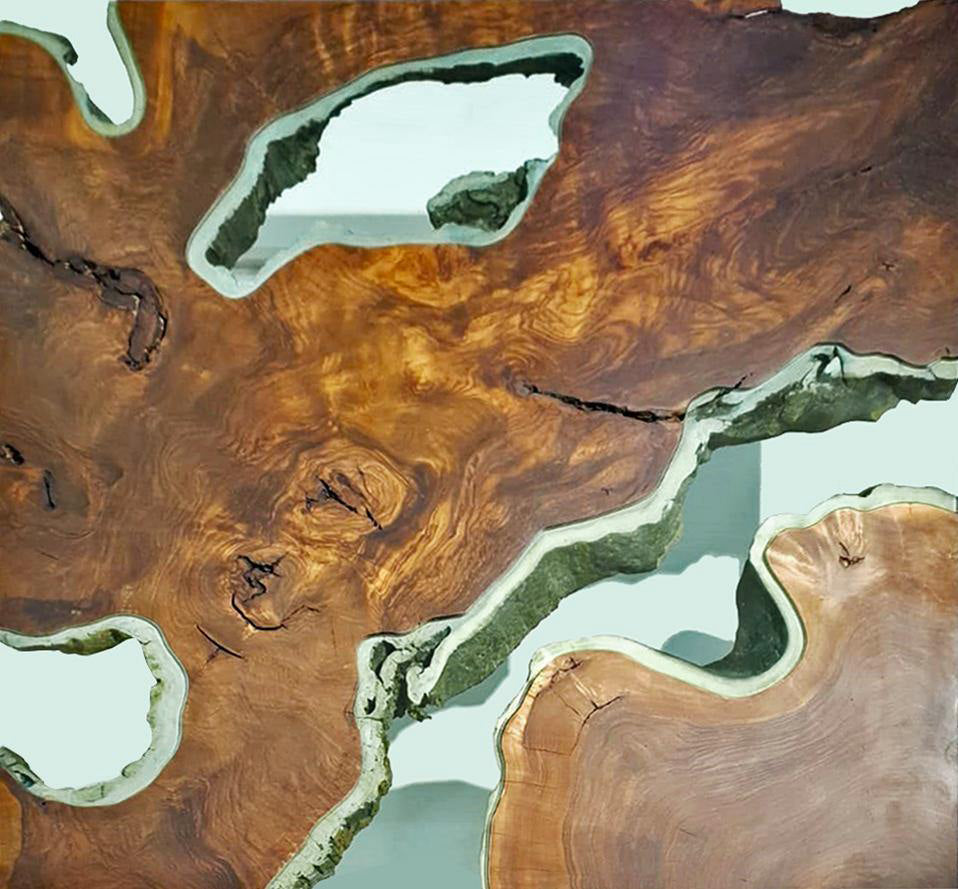 Mnestra Walnut Wood Square Coffee Table with polished walnut wood slab and resin voids