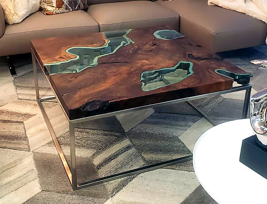 Mnestra Walnut Wood Square Coffee Table with dark wood slab top and blue-green resin accents