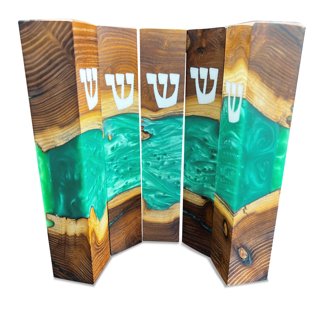 Five wooden and resin Shabbat candle holders for a modern mezuzah display
