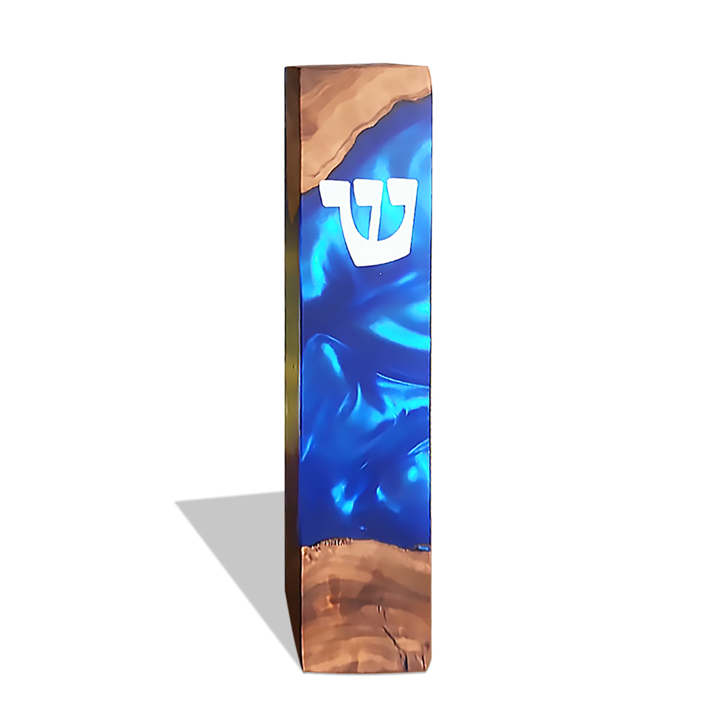 Modern mezuzah case with wood and blue resin, featuring Hebrew letter Shin
