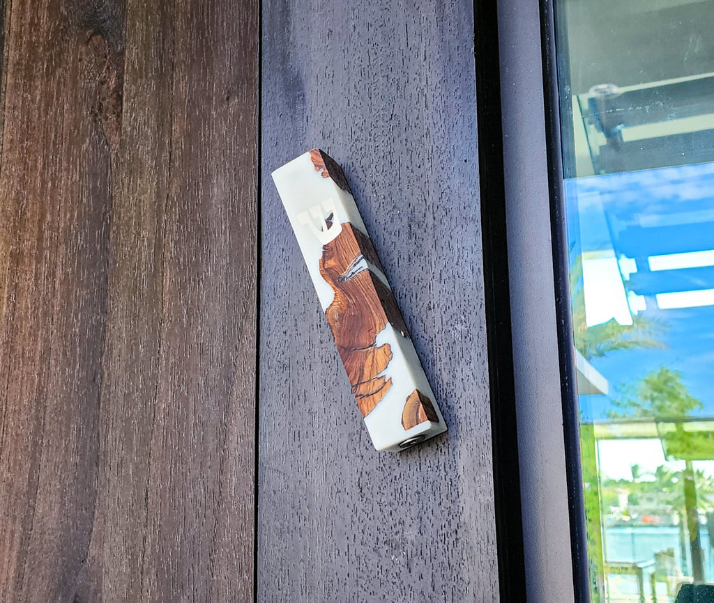 Modern Mezuzah case in white and brown resin and wood for stylish religious decor
