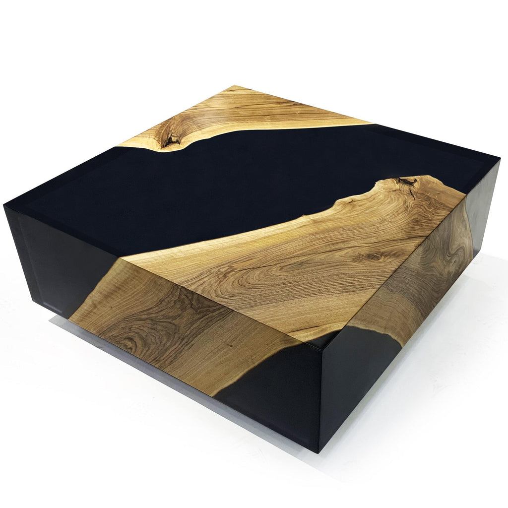 Black Monoblock Walnut Coffee Table with natural wood and dark resin infill from W&L