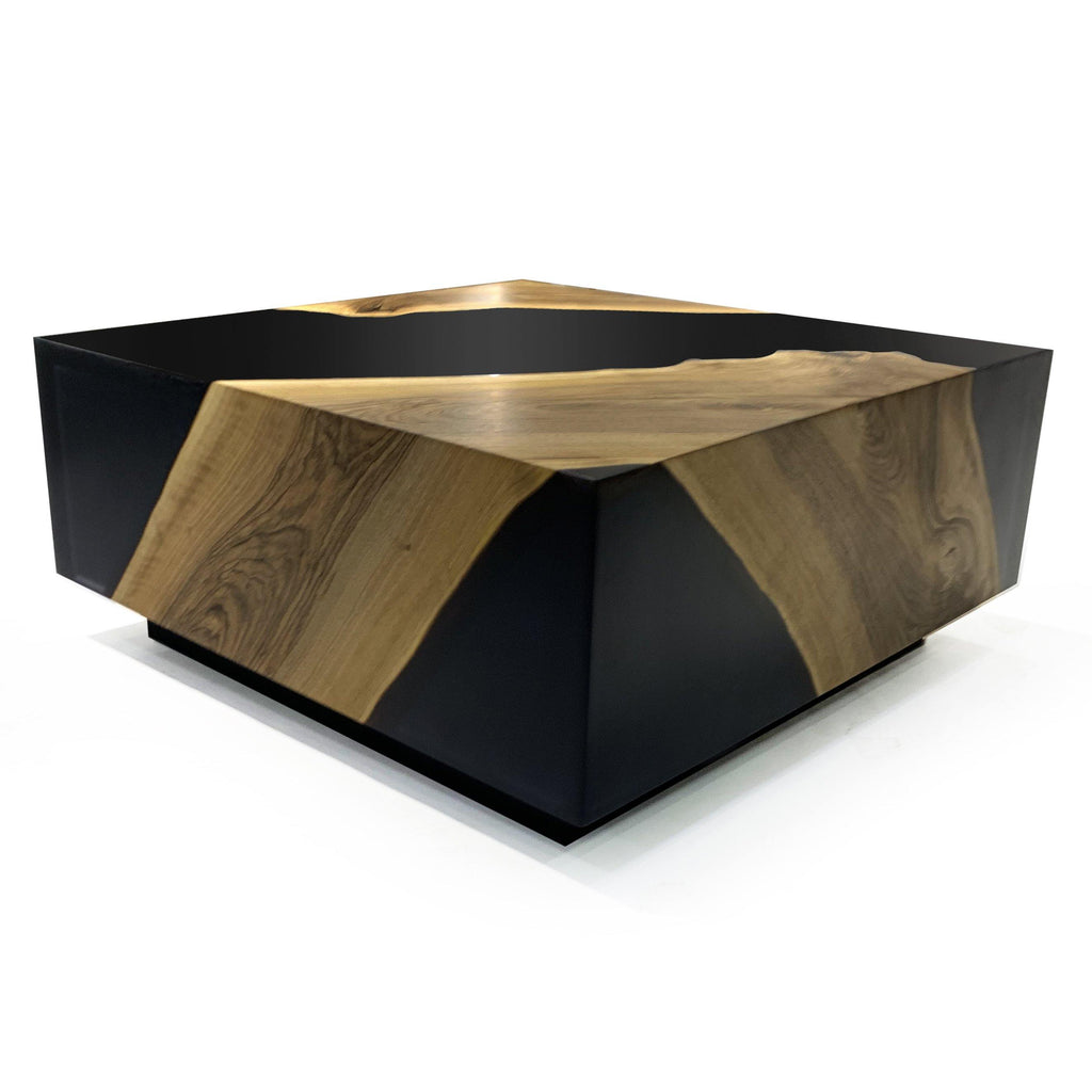 Black Monoblock Walnut Coffee Table with geometric design and natural wood inlays