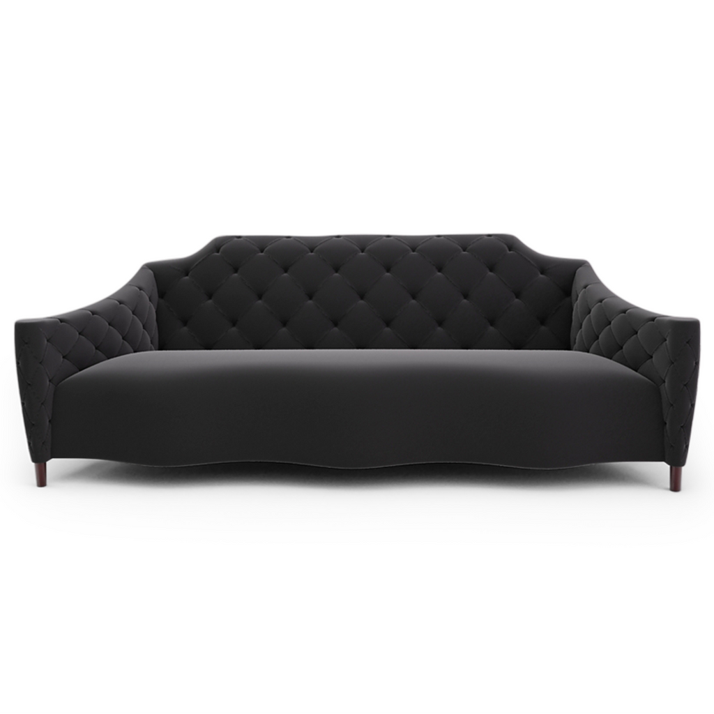Tufted dark grey velvet Mont Claire Sofa with flared arms and wooden legs