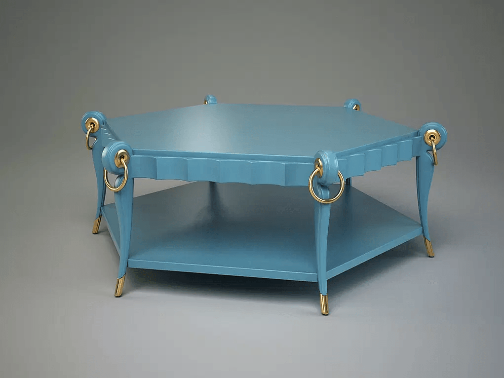 Light blue hexagonal Montrose Cocktail Table with gold legs and ring accents