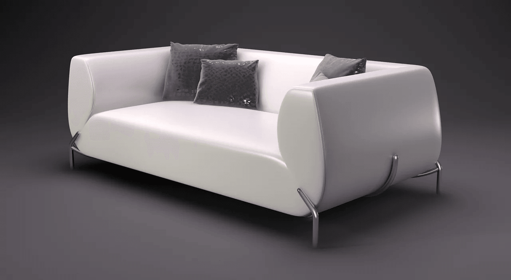 Mood Modern Sofa: sleek white leather modern sofa with curved armrests and dark gray pillows