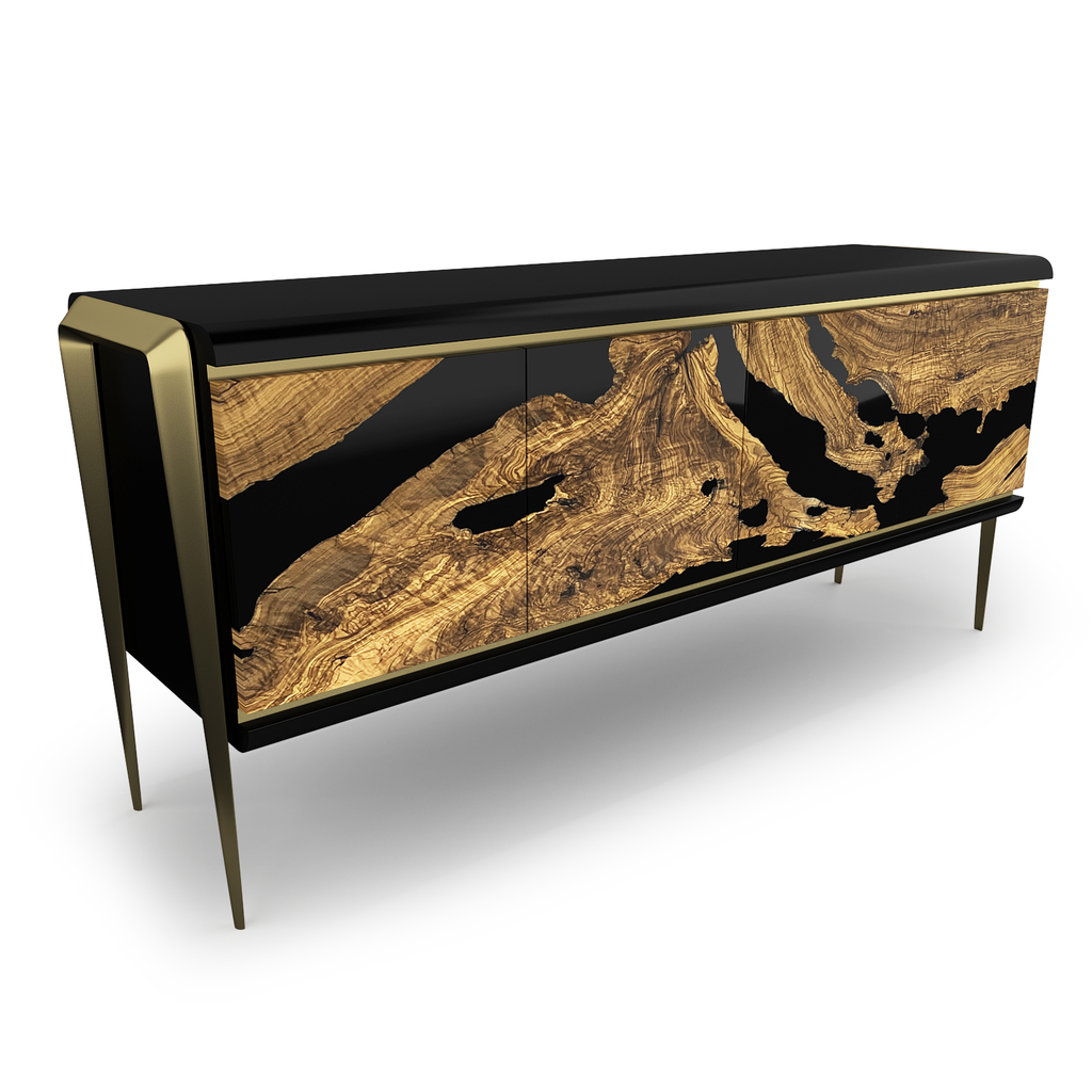 Modern black and gold Moria Olive Wood Credenza with live-edge olive wood and resin front