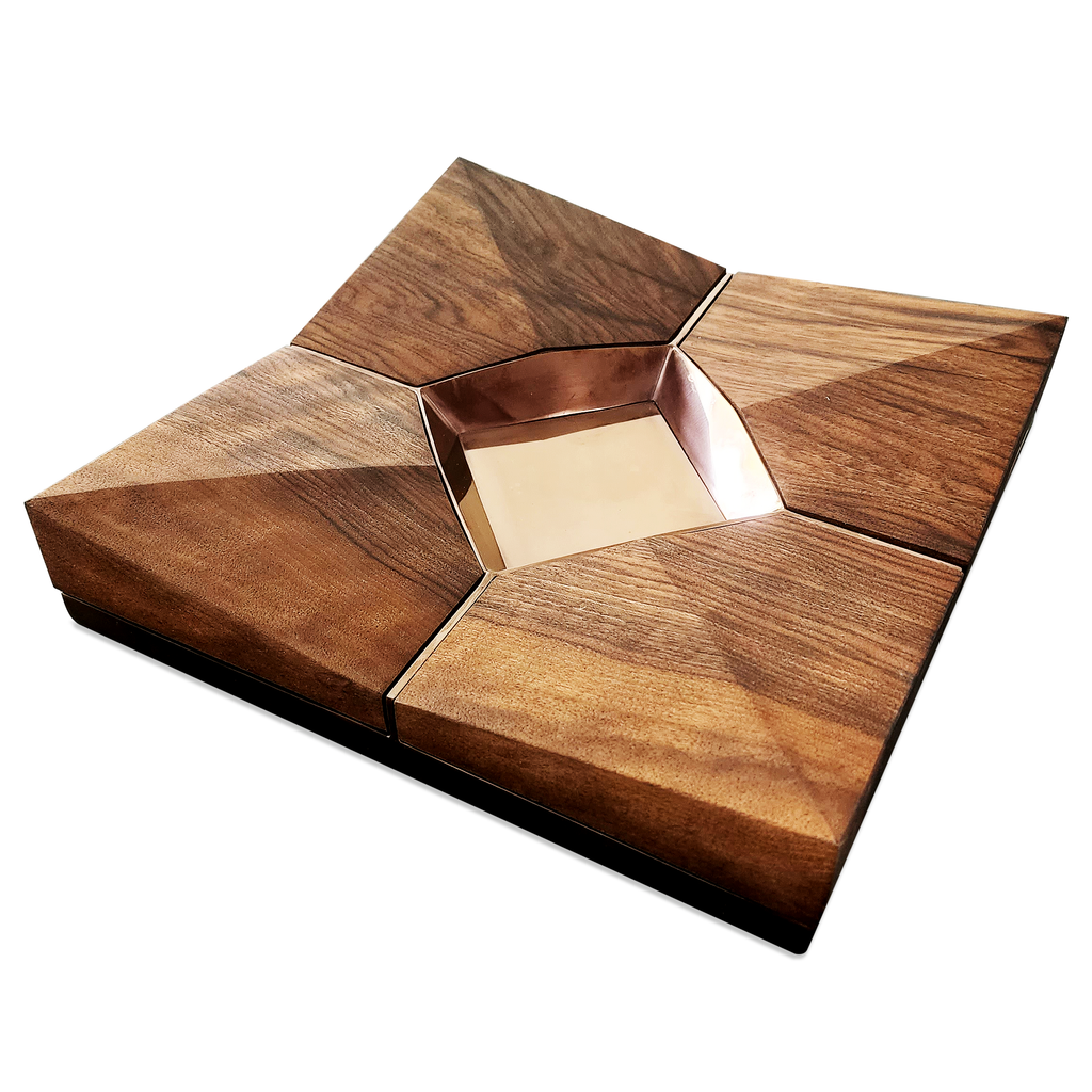 Mormo Cigar Ashtray with square wooden bowl and copper-colored metal insert