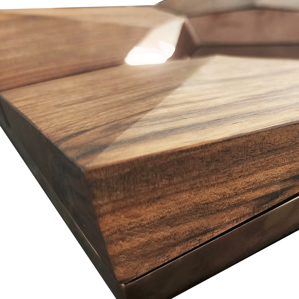 Polished dark wood Mormo Cigar Ashtray with geometric pattern and metal trim