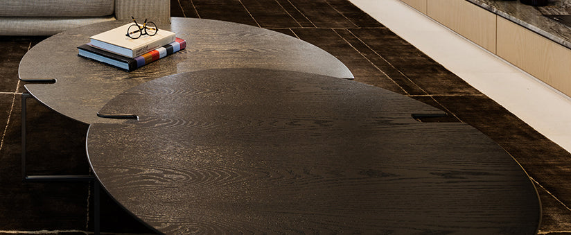 Moscow Table set of two round dark wood interlocking coffee tables for modern living