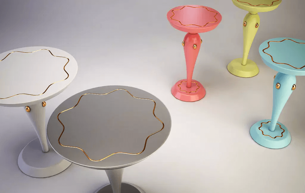 Colorful Napoleon accent table with wavy gold border and unique pedestal base