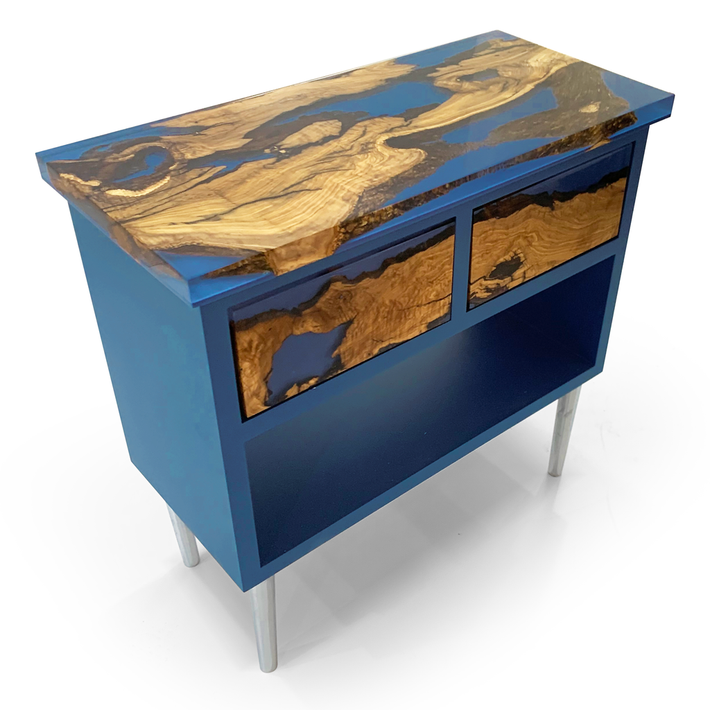 Niobe Cabinet with blue resin top and live-edge wood, featuring drawers and open shelf