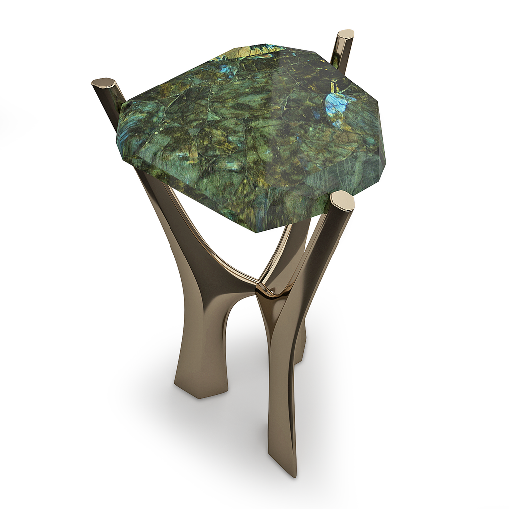 Nisos Side Table with polished green stone top and bronze-toned sculptural base featuring oval and triangle shapes
