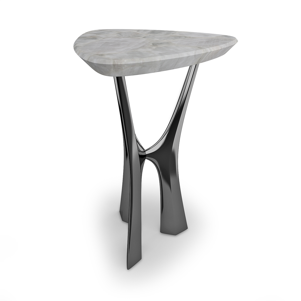Nisos Side Table with light gray oval triangle top and dark sculptural base