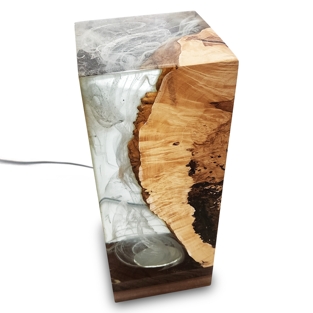 Modern Ocean Cube Table Lamp with natural wood, resin swirls, and ambient lighting