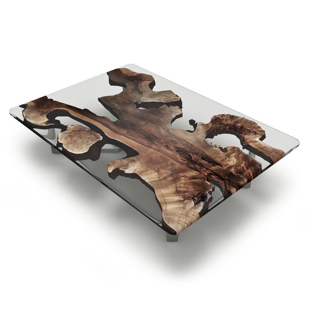 Octopus Walnut Coffee Table with live edge wood, clear resin, and metal legs