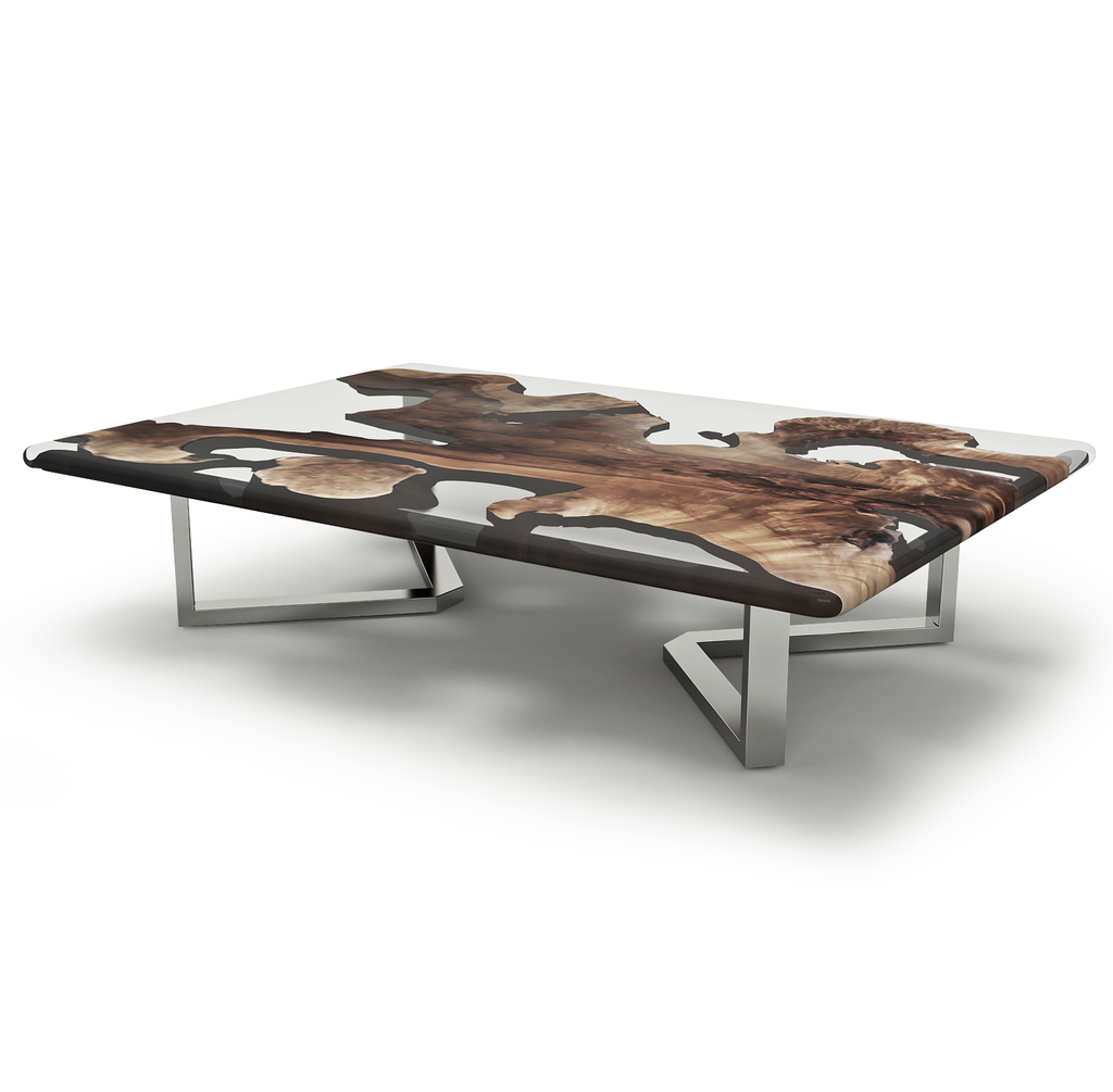 Octopus Walnut Coffee Table with clear resin top and metal geometric bases