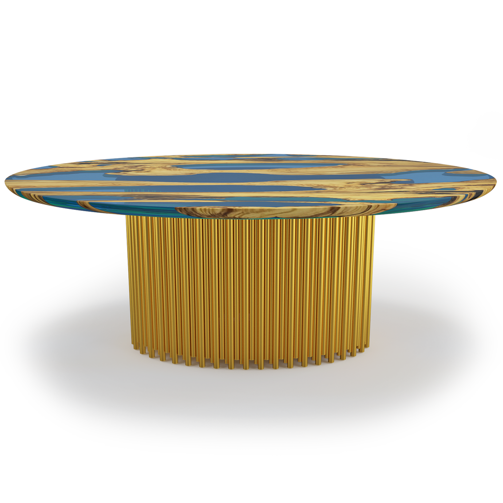 Evohe Olive Wood Oval Dining Table with a blue and gold patterned round coffee table