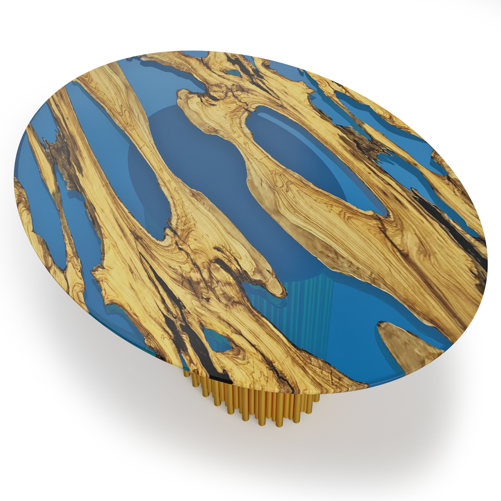 Evohe Olive Wood Oval Dining Table with river-style resin top and gold tube base